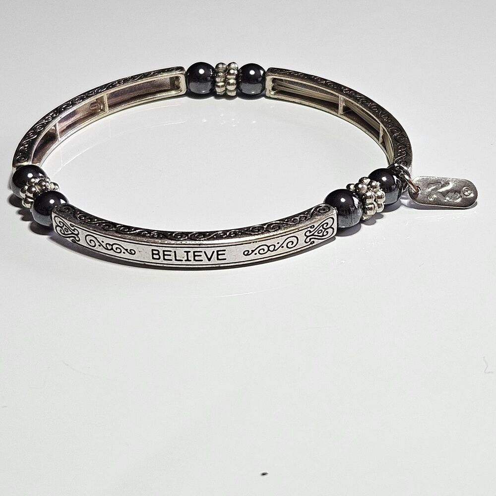 Ku Silver Tone Magnetic Hematite "Believe" Sentiment Bracelet 7.25"